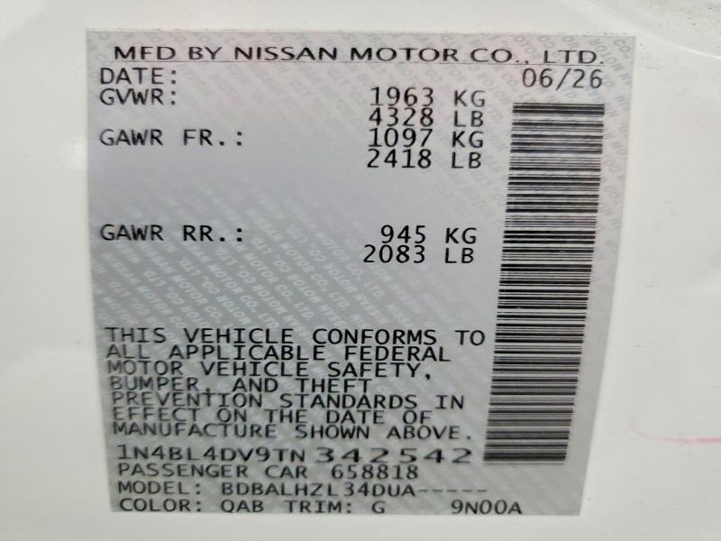 Продажа на аукционе авто 2026 Nissan Altima, vin: 1N4BL4DV9TN342542, номер лота: 65181706