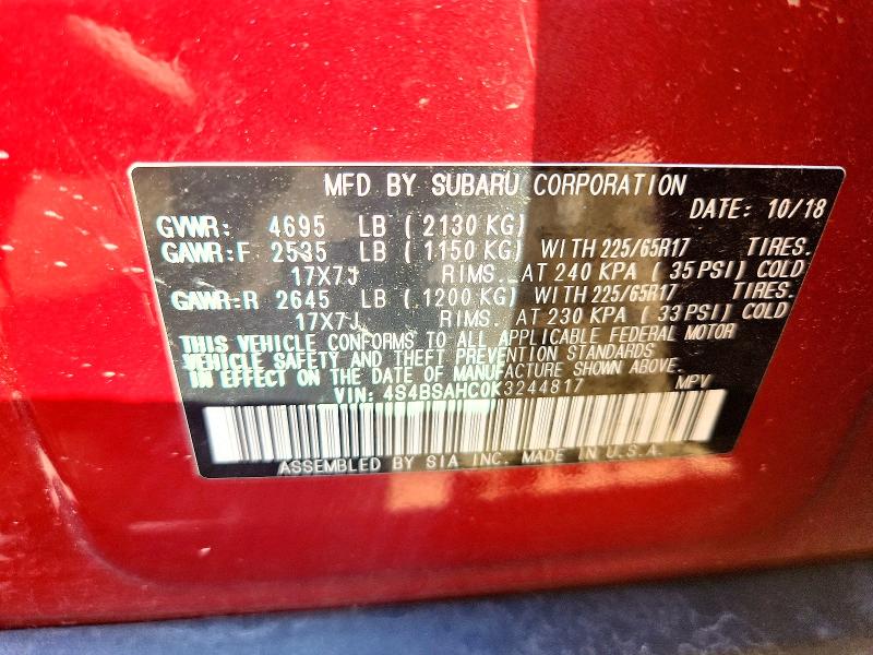 66238446 :رقم المزاد ، 4S4BSAHC0K3244817 vin ، 2019 Subaru Outback مزاد بيع