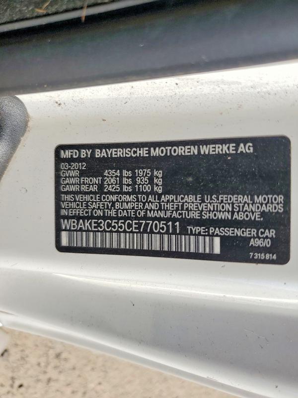 2012 Bmw 328 მანქანა იყიდება აუქციონზე, vin: WBAKE3C55CE770511, აუქციონის ნომერი: 66191996