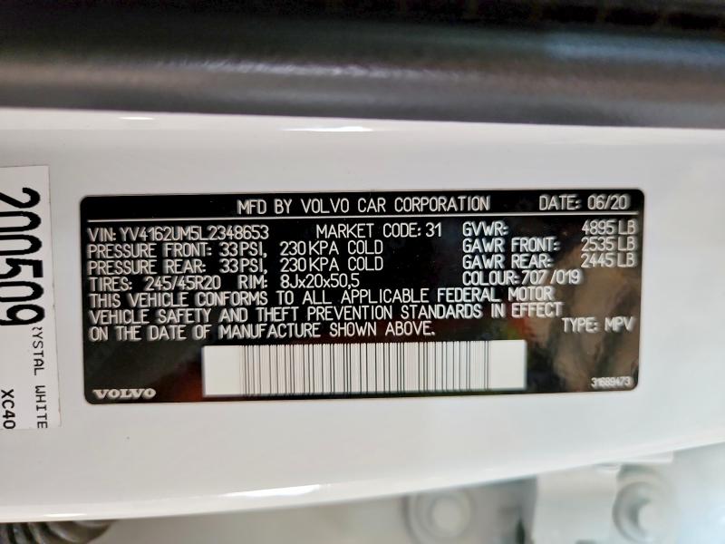 2020 Volvo Xc40 მანქანა იყიდება აუქციონზე, vin: YV4162UM5L2348653, აუქციონის ნომერი: 66707966