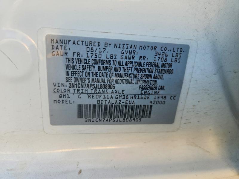 2018 Nissan Versa მანქანა იყიდება აუქციონზე, vin: 3N1CN7AP5JL808905, აუქციონის ნომერი: 66305226