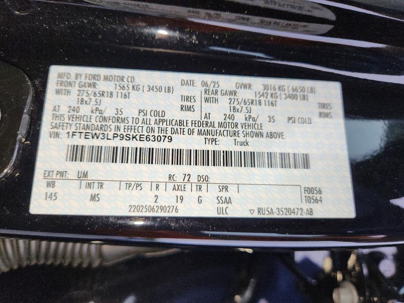2025 Ford F150 მანქანა იყიდება აუქციონზე, vin: 1FTEW3LP9SKE63079, აუქციონის ნომერი: 65318526