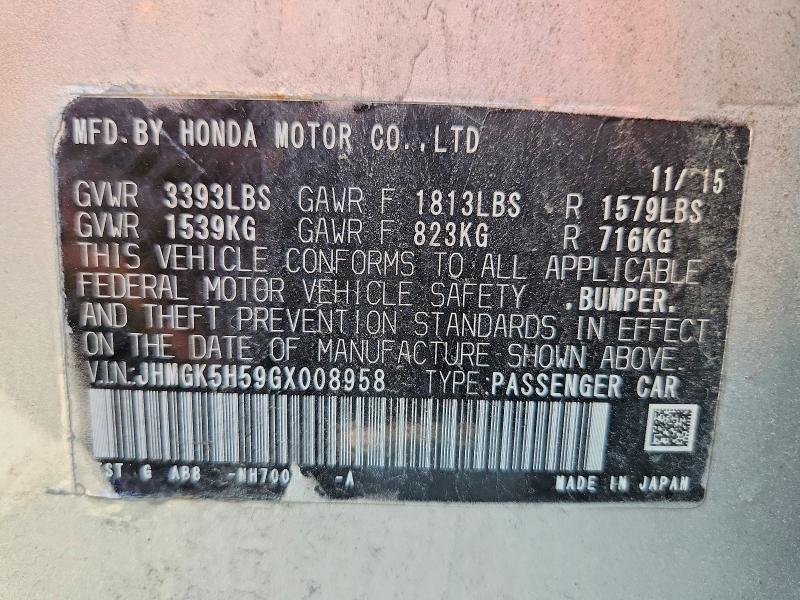 63691246 :رقم المزاد ، JHMGK5H59GX008958 vin ، 2016 Honda Fit مزاد بيع