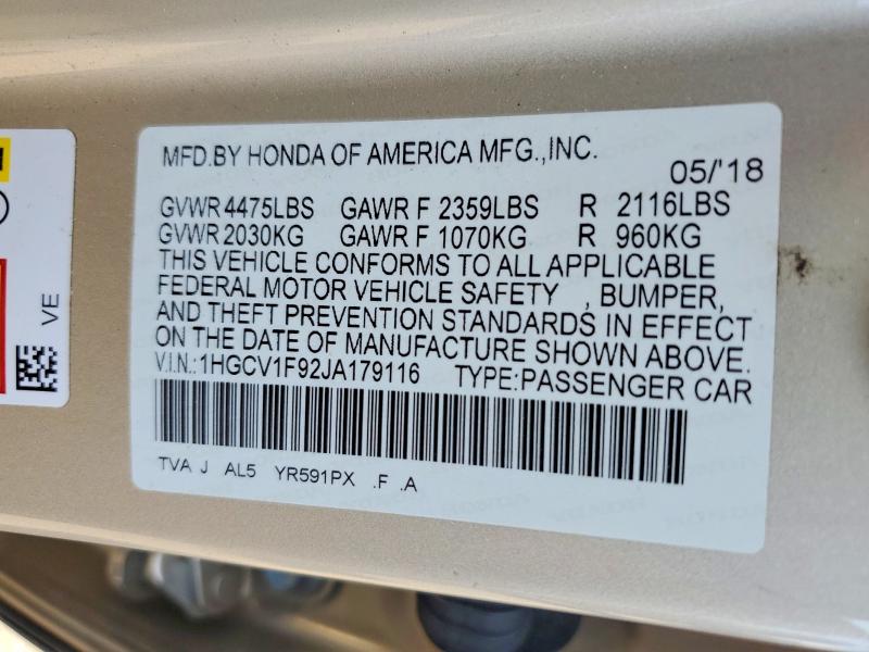 2018 Honda Accord მანქანა იყიდება აუქციონზე, vin: 1HGCV1F92JA179116, აუქციონის ნომერი: 54916966