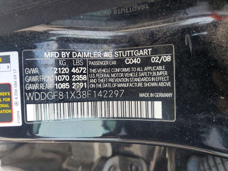 Aukcja sprzedaży 2008 Mercedes-benz C, vin: WDDGF81X38F142297, numer aukcji: 64659736