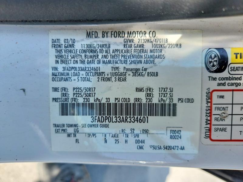 2010 Ford Fusion მანქანა იყიდება აუქციონზე, vin: 3FADP0L33AR334601, აუქციონის ნომერი: 62096066