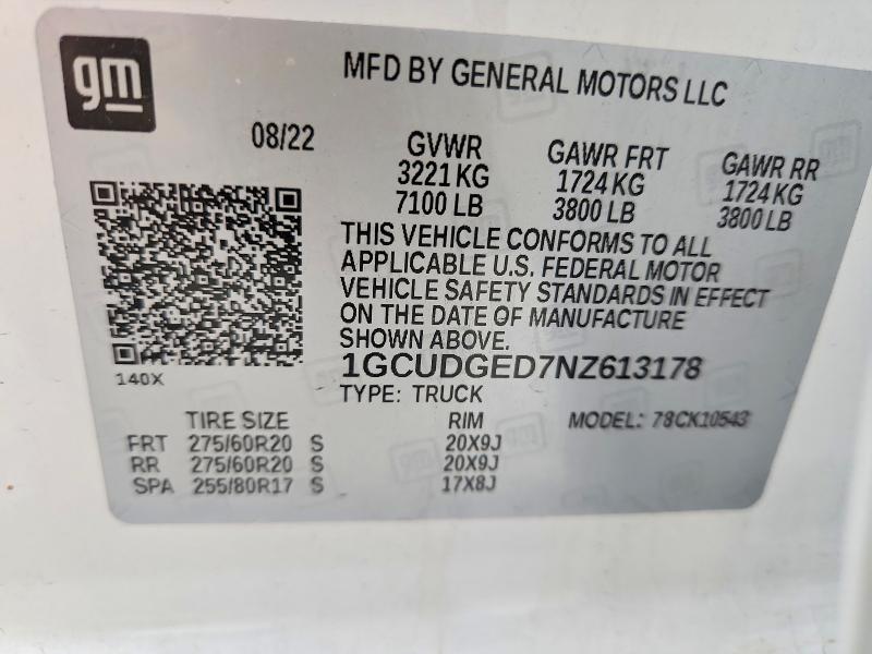 Продажа на аукционе авто 2022 Chevrolet Silverado, vin: 1GCUDGED7NZ613178, номер лота: 65540836
