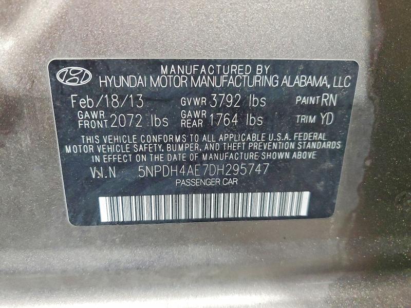 2013 Hyundai Elantra მანქანა იყიდება აუქციონზე, vin: 5NPDH4AE7DH295747, აუქციონის ნომერი: 66097096