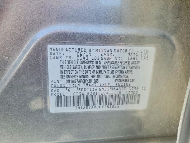 63765266 :رقم المزاد ، 3N1AB7AP0KY381265 vin ، 2019 Nissan Sentra مزاد بيع