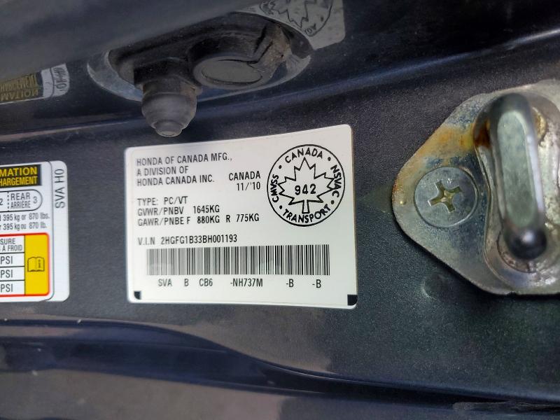 65996916 :رقم المزاد ، 2HGFG1B33BH001193 vin ، 2011 Honda Civic مزاد بيع