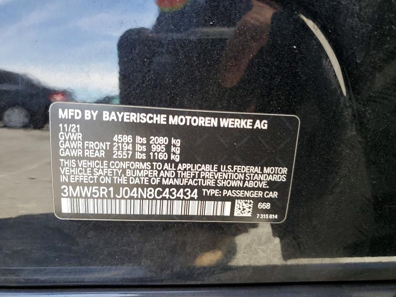 61447956 :رقم المزاد ، 3MW5R1J04N8C43434 vin ، 2022 Bmw 330i مزاد بيع