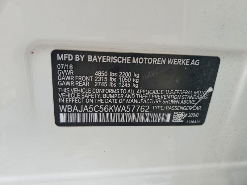 2019 Bmw 530 მანქანა იყიდება აუქციონზე, vin: WBAJA5C56KWA57762, აუქციონის ნომერი: 64337986