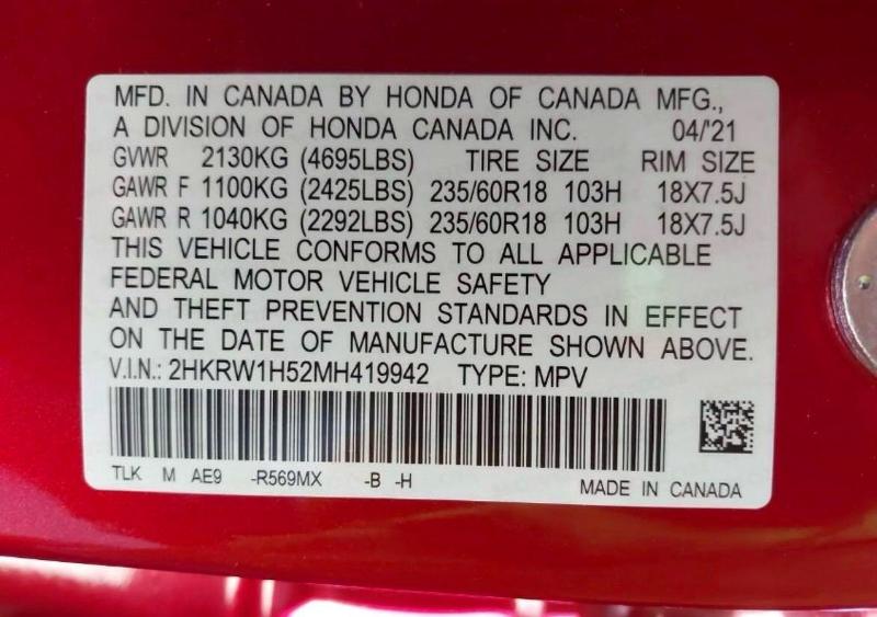 2021 Honda Cr-v მანქანა იყიდება აუქციონზე, vin: 2HKRW1H52MH419942, აუქციონის ნომერი: 65063596