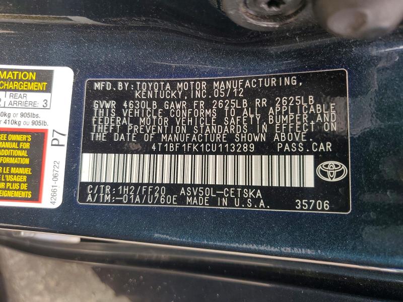 2012 Toyota Camry მანქანა იყიდება აუქციონზე, vin: 4T1BF1FK1CU113289, აუქციონის ნომერი: 63592356