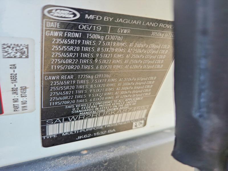 Auction sale of the 2019 Land Rover Range Rover Sport, vin: SALWR2RU5KA874593, lot number: 66602466