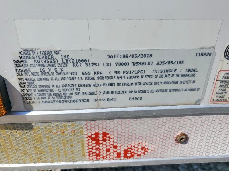 Aukcja sprzedaży 2019 Homesteader Utility Tr, vin: 5HAGE4039KN069328, numer aukcji: 68715436