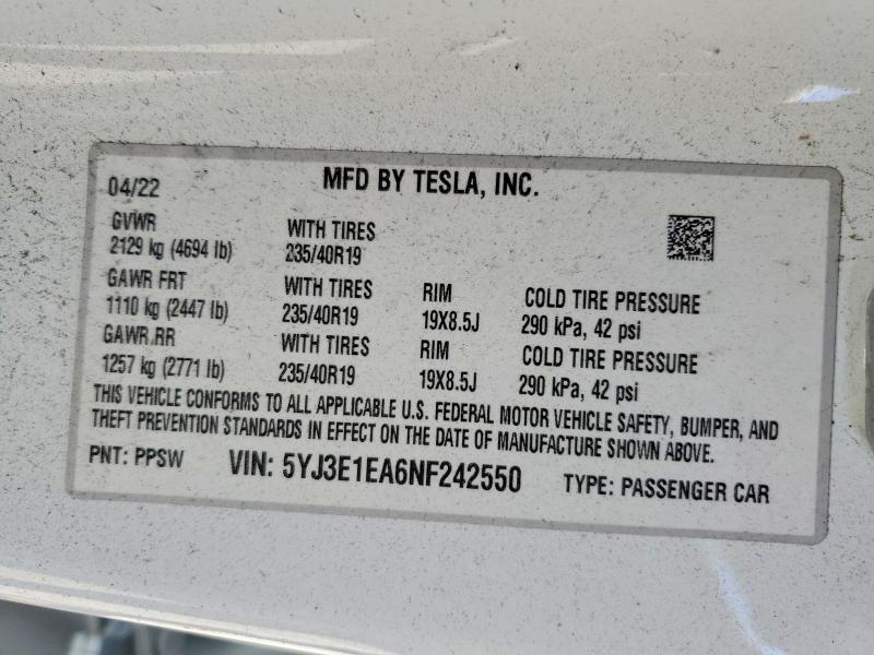 Aukcja sprzedaży 2022 Tesla Model 3, vin: 5YJ3E1EA6NF242550, numer aukcji: 64637756