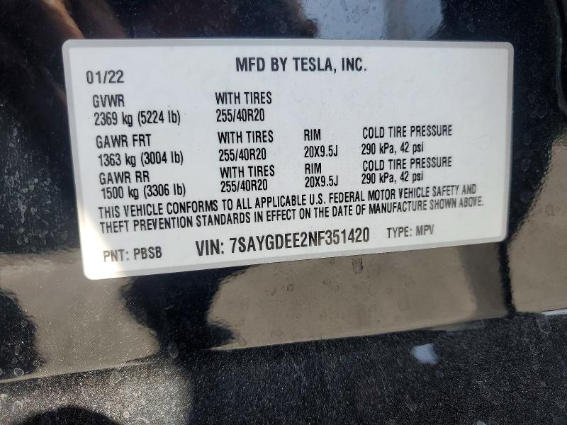 Продажа на аукционе авто 2022 Tesla Model Y, vin: 7SAYGDEE2NF351420, номер лота: 62840336