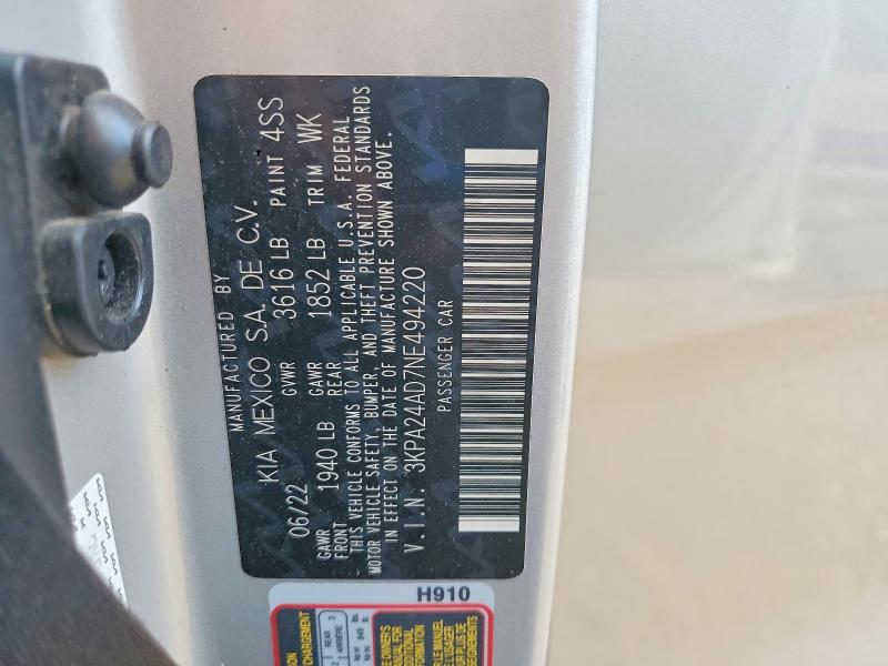63002576 :رقم المزاد ، 3KPA24AD7NE494220 vin ، 2022 Kia Rio مزاد بيع