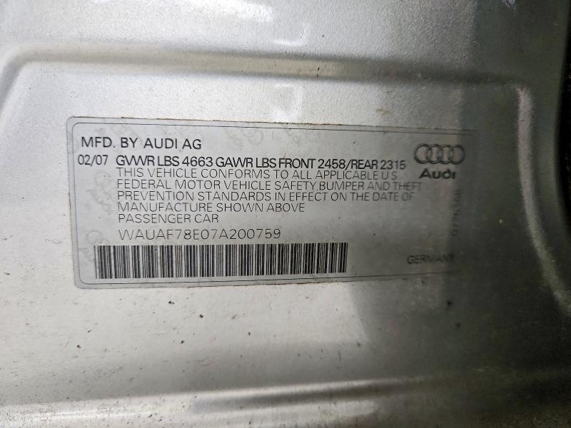 62789896 :رقم المزاد ، WAUAF78E07A200759 vin ، 2007 Audi A4 مزاد بيع