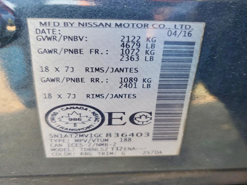 63891086 :رقم المزاد ، 5N1AT2MV1GC836403 vin ، 2016 Nissan Rogue مزاد بيع