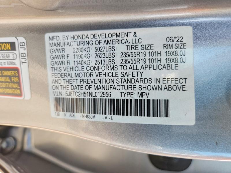 66239556 :رقم المزاد ، 5J8TC2H51NL012956 vin ، 2022 Acura Rdx مزاد بيع
