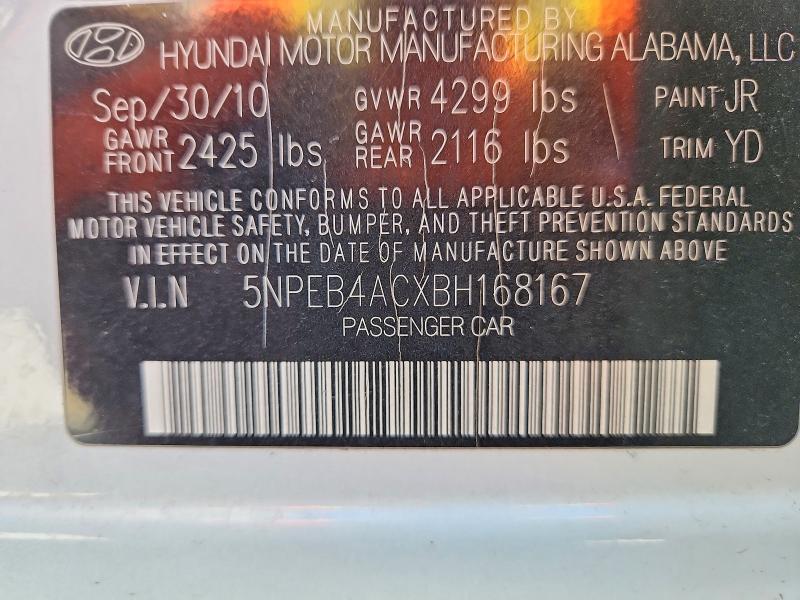 2011 Hyundai Sonata მანქანა იყიდება აუქციონზე, vin: 5NPEB4ACXBH168167, აუქციონის ნომერი: 65266186