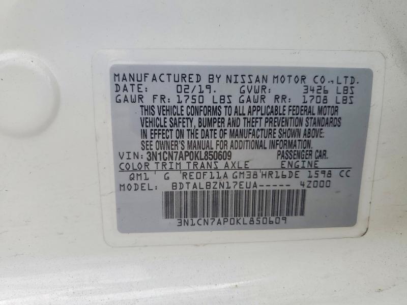 63824106 :رقم المزاد ، 3N1CN7AP0KL850609 vin ، 2019 Nissan Versa مزاد بيع