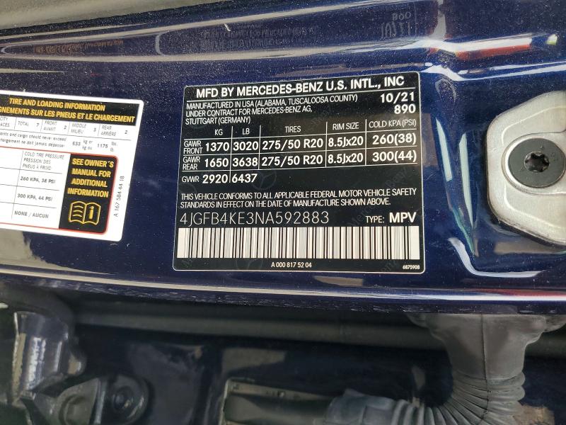 66983896 :رقم المزاد ، 4JGFB4KE3NA592883 vin ، 2022 Mercedes-benz Gle مزاد بيع