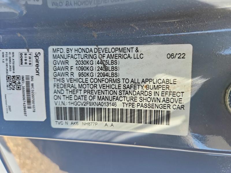 Продажа на аукционе авто 2022 Honda Accord, vin: 1HGCV2F9XNA013146, номер лота: 66820246