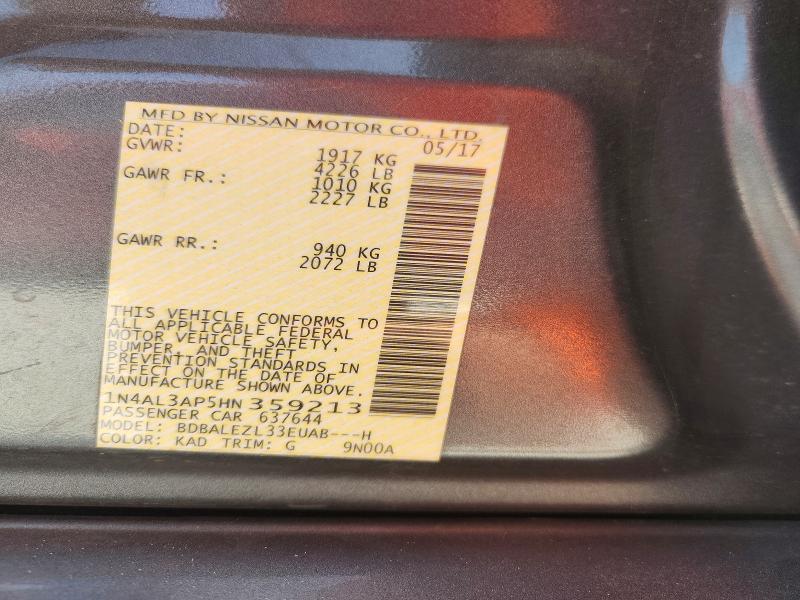 2017 Nissan Altima მანქანა იყიდება აუქციონზე, vin: 1N4AL3AP5HN359213, აუქციონის ნომერი: 65299706