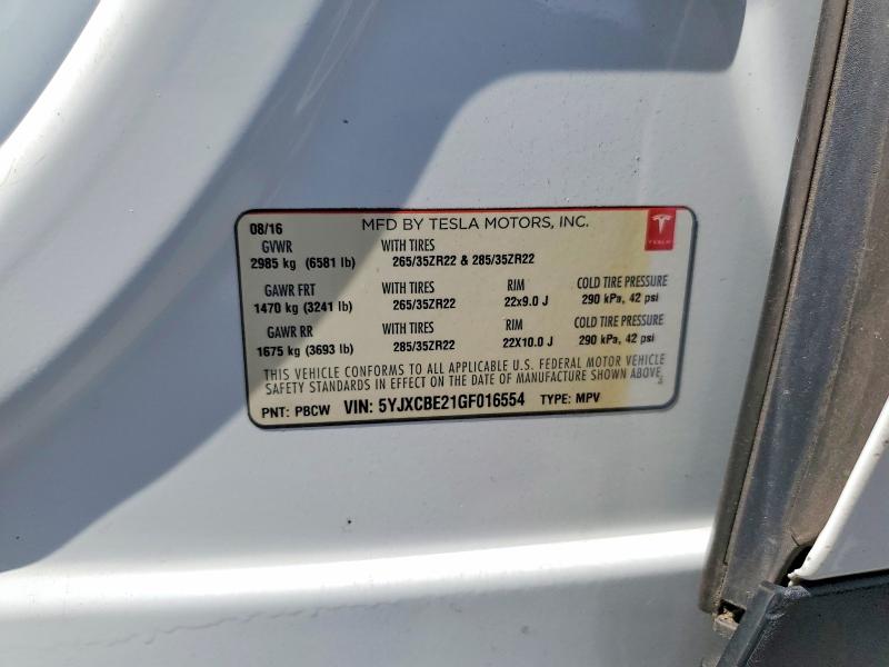 65985766 :رقم المزاد ، 5YJXCBE21GF016554 vin ، 2016 Tesla Model X مزاد بيع