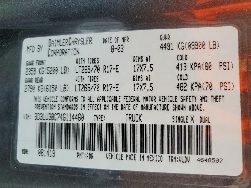 62724306 :رقم المزاد ، 3D3LU38C74G114460 vin ، 2004 Dodge Ram 3500 مزاد بيع
