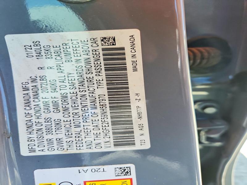 2022 Honda Civic მანქანა იყიდება აუქციონზე, vin: 2HGFE2F59NH567970, აუქციონის ნომერი: 66509406