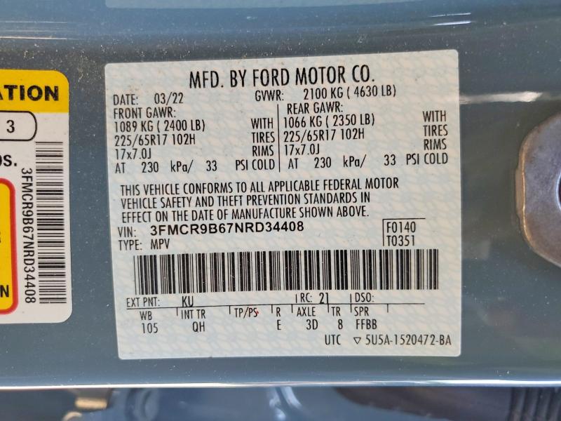 Продаж на аукціоні авто 2022 Ford Bronco Sport, vin: 3FMCR9B67NRD34408, номер лоту: 65734466