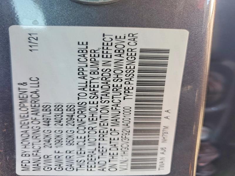 Aukcja sprzedaży 2022 Honda Accord, vin: 1HGCV3F92NA001000, numer aukcji: 67037786