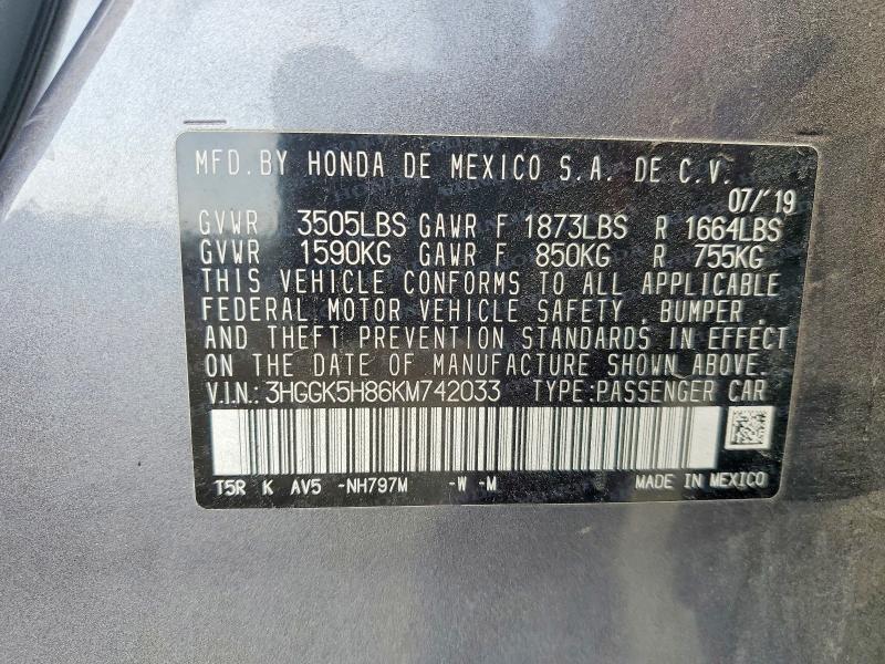 63171006 :رقم المزاد ، 3HGGK5H86KM742033 vin ، 2019 Honda Fit مزاد بيع