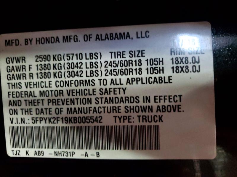 63826166 :رقم المزاد ، 5FPYK2F19KB005542 vin ، 2019 Honda Ridgeline مزاد بيع