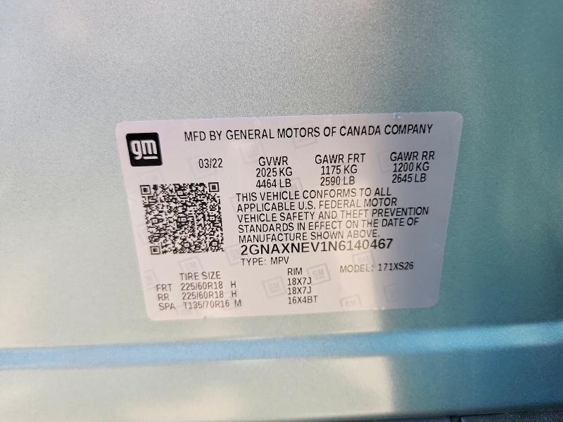 63513006 :رقم المزاد ، 2GNAXNEV1N6140467 vin ، 2022 Chevrolet Equinox مزاد بيع