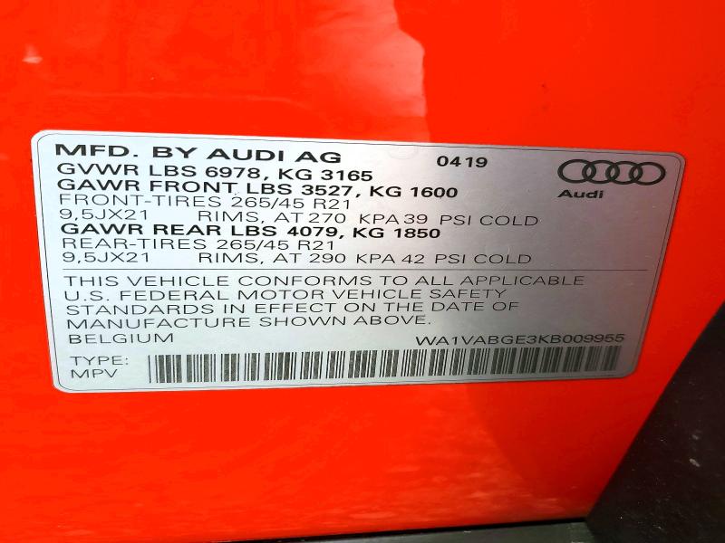 Aukcja sprzedaży 2019 Audi E-tron, vin: WA1VABGE3KB009955, numer aukcji: 66451046