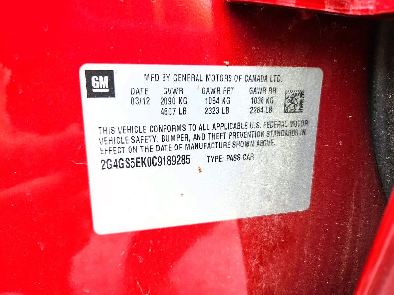 64454356 :رقم المزاد ، 2G4GS5EK0C9189285 vin ، 2012 Buick Regal مزاد بيع