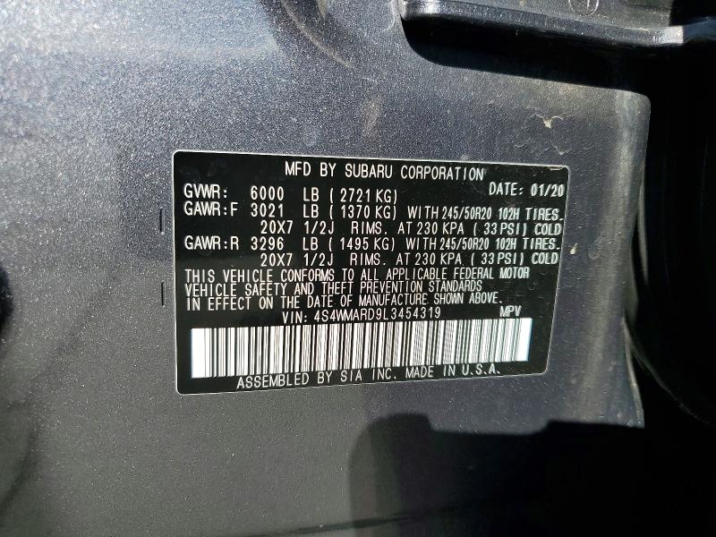 2020 Subaru Ascent მანქანა იყიდება აუქციონზე, vin: 4S4WMARD9L3454319, აუქციონის ნომერი: 65353096
