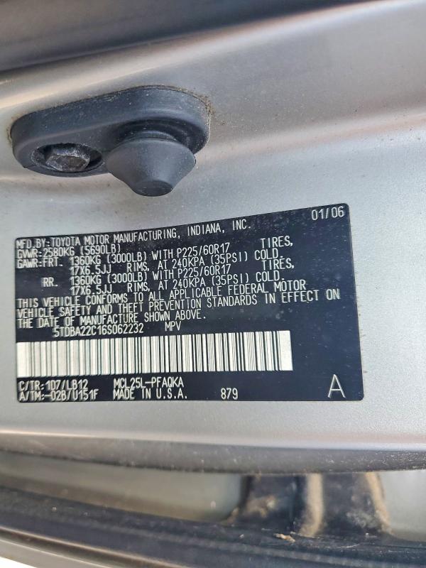 65496886 :رقم المزاد ، 5TDBA22C16S062232 vin ، 2006 Toyota Sienna مزاد بيع