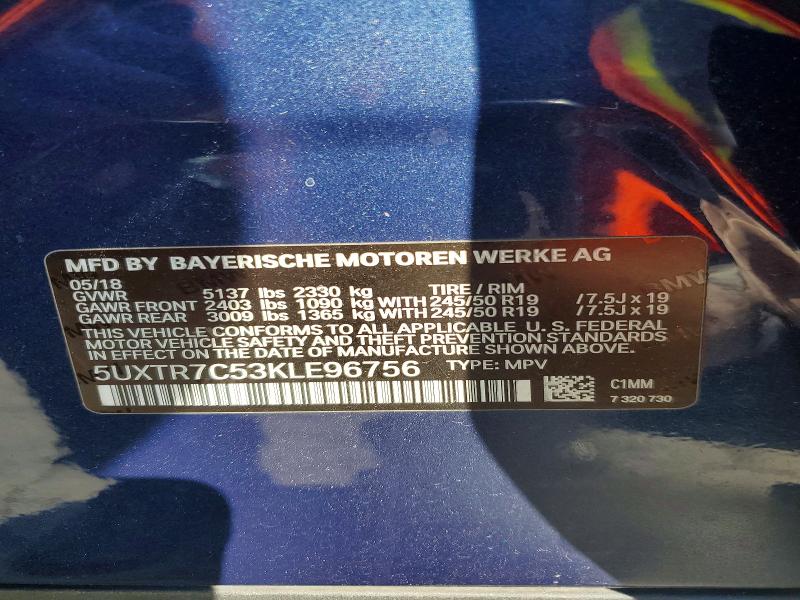 62899216 :رقم المزاد ، 5UXTR7C53KLE96756 vin ، 2019 Bmw X3 مزاد بيع