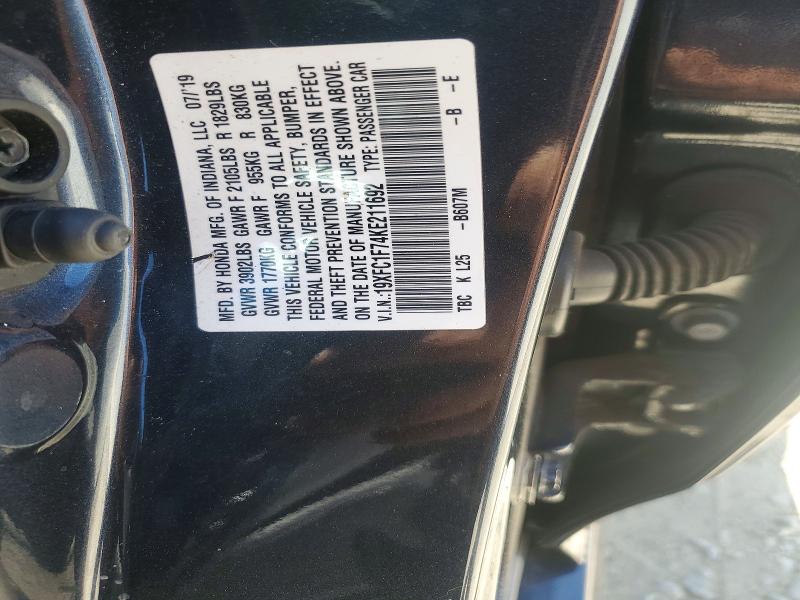 Продаж на аукціоні авто 2019 Honda Civic, vin: 19XFC1F74KE211692, номер лоту: 63853136