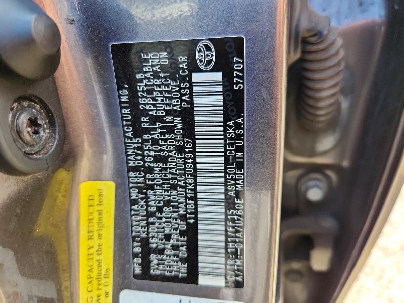 2015 Toyota Camry მანქანა იყიდება აუქციონზე, vin: 4T1BF1FK8FU949167, აუქციონის ნომერი: 64204196