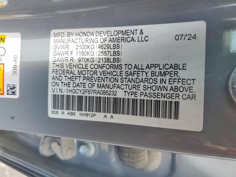 2024 Honda Accord მანქანა იყიდება აუქციონზე, vin: 1HGCY2F67RA085232, აუქციონის ნომერი: 66320946