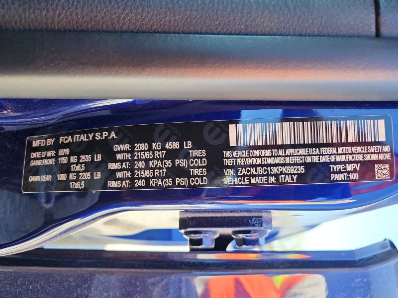 2019 Jeep Renegade მანქანა იყიდება აუქციონზე, vin: ZACNJBC13KPK69235, აუქციონის ნომერი: 63421926