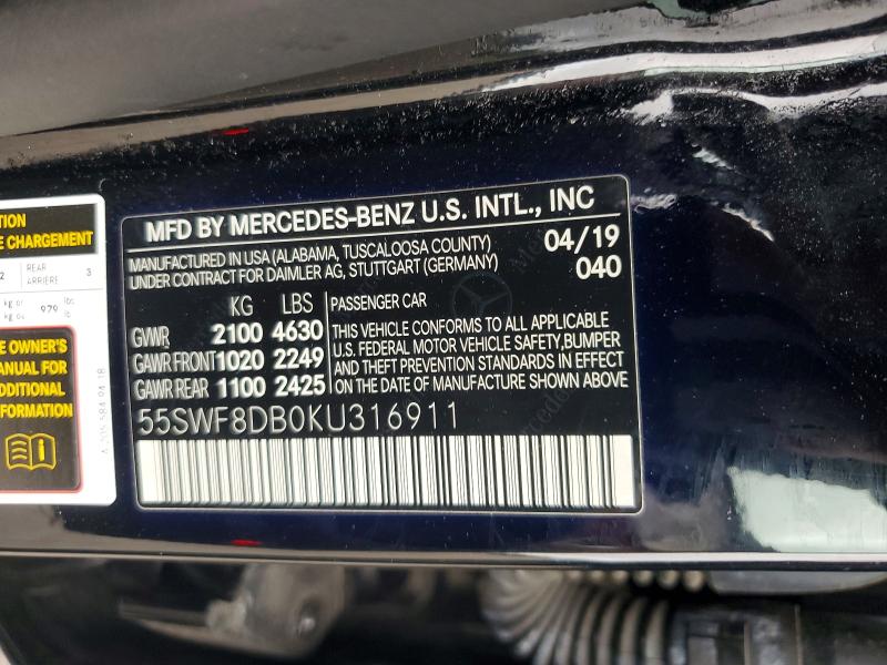 63598716 :رقم المزاد ، 55SWF8DB0KU316911 vin ، 2019 Mercedes-benz C مزاد بيع