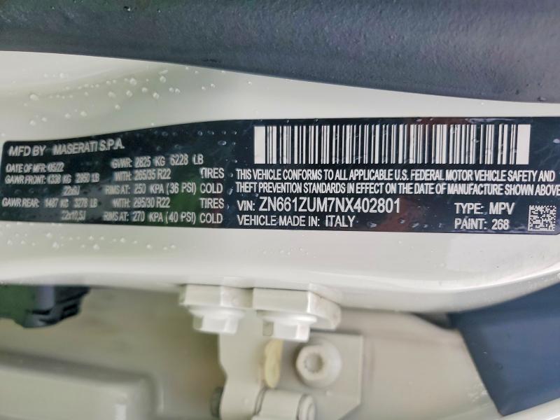 2022 Maserati Levante მანქანა იყიდება აუქციონზე, vin: ZN661ZUM7NX402801, აუქციონის ნომერი: 65599226